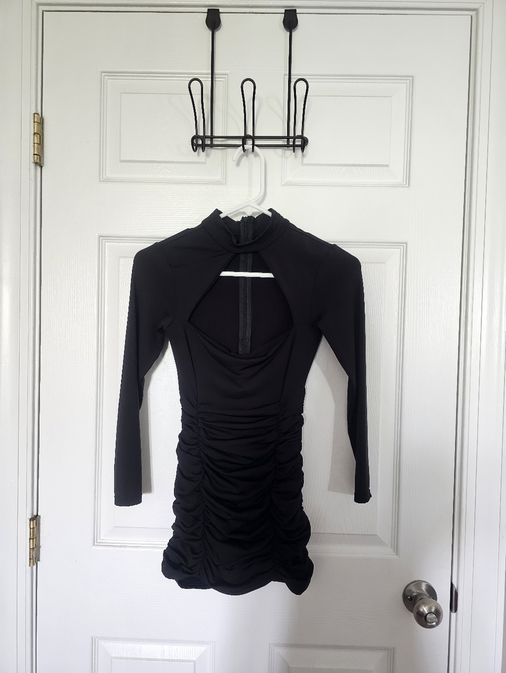 Black Ruched Long-Sleeve Mini Dress